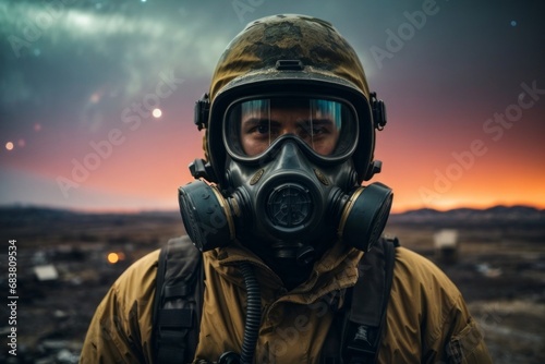 A man wearing a gas mask and a military uniform against the background of destroyed buildings in the city of Northern lights at night. Post-apocalypse world.