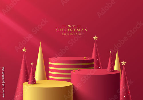 3D christmas podium background. Red golden cylinder pedestal with red, golden christmas tree scene. Platforms mockup product display presentation. Abstract composition minimal design. Stage showcase.