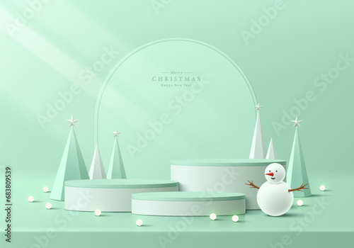 Abstract 3D christmas background with realistic green cylinder podium pedestal, Snowman and christmas tree. New year minimal wall scene mockup product display. Vector geometric forms. Stage showcase.