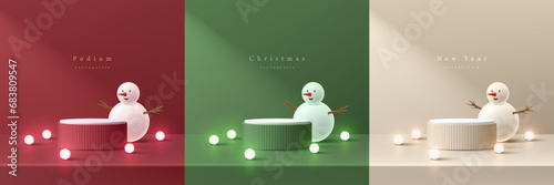 Set of 3D christmas podium background in red, cream and green color with neon ball and snowman decorate. Mockup product display. Mery christmas and new year minimal scene. Abstract composition design.