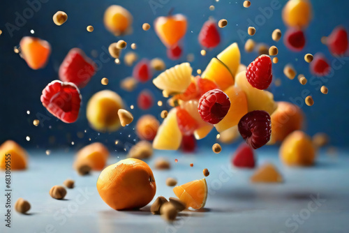 Gravity-Defying Apples Hovering in Air, Creating a Magical Scene of Fruits in Motion Against a Dreamlike Background.