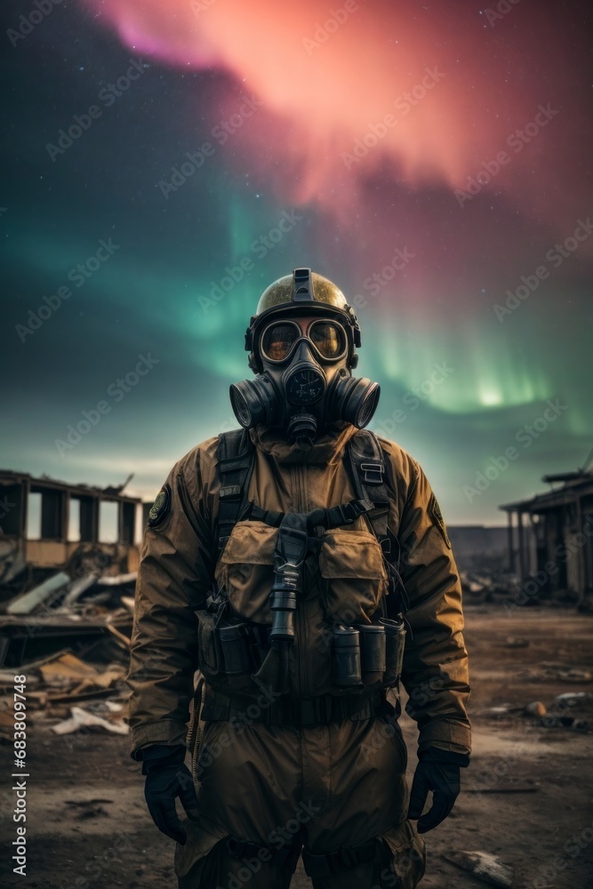 post-apocalypse A man wearing a gas mask and a military uniform against the background of destruction and the northern lights. post-apocalypse A man wearing a gas mask and a military uniform against the background of destruction and the northern lights.
