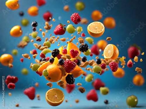 Timeshot verschiedene Früchte fallen in unterschiedlichsten Formen von oben herab #Fuitninja