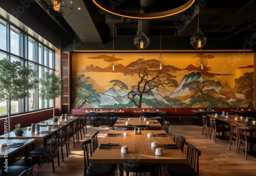 Interior of a Stylish Restaurant with Colorful Wall Art, Inviting Ambiance, and Chic Decor