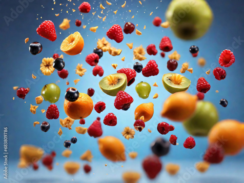 Suspended Oranges in Midair, Captured with Surreal Precision, Floating Against a Clear Blue Sky in a Stunning Visual Display.