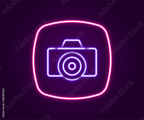 Glowing neon line Photo camera icon isolated on black background. Foto camera. Digital photography. Colorful outline concept. Vector