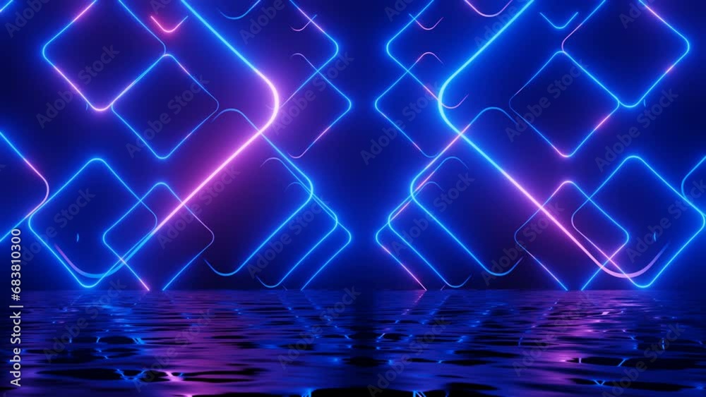 Neon Design blue purple pattern form wall. 4K video with various neon elements and a reflecting floor. Looped 3d render. Glowing Neon: 4K colorful geometric shapes and a mirror effect