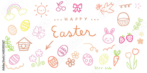 Hand drawn cute and colorful scribble doodle easter set with eggs, flowers, sun, bunnies, bird, bow, branches. Spring and summer vibes stickers. Children arts. Handwritten text happy Easter.