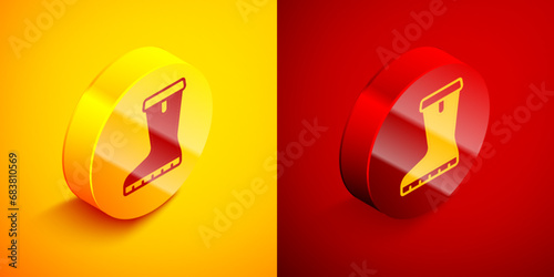 Isometric Waterproof rubber boot icon isolated on orange and red background. Gumboots for rainy weather, fishing, gardening. Circle button. Vector