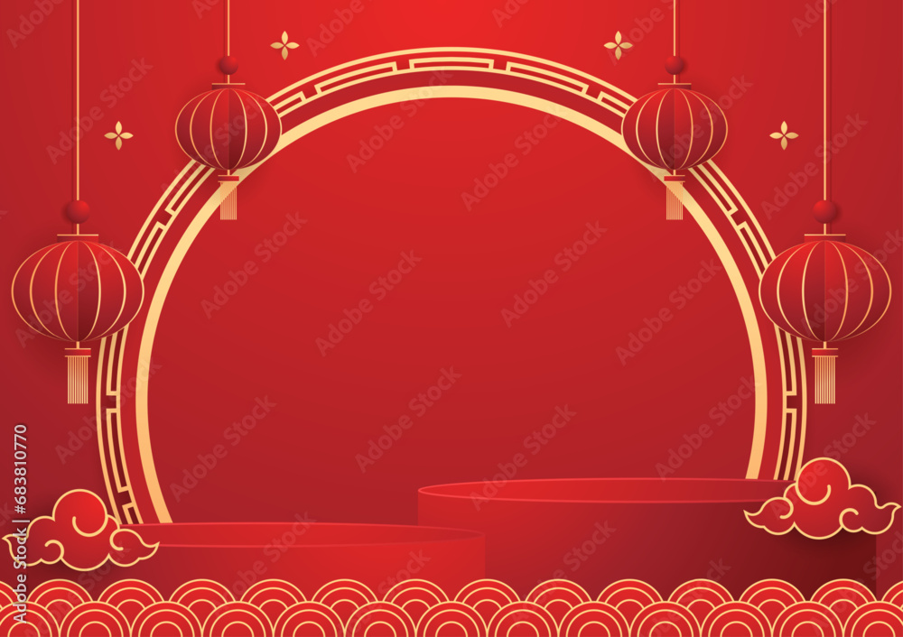 Happy Chinese new year 2024. Chinese new year banner with circle for show product. Greeting card. China frame with lantern on red background. Happy Chinese new year 2024. Chinese new year banner with circle for show product. Greeting card. China frame with lantern on red background.