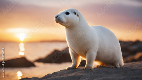 Cute seal on the cliff at golden hour. Generative Ai