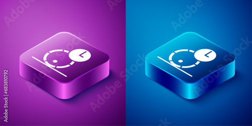 Isometric Wooden barrel for wine icon isolated on blue and purple background. Aging of wine in a barrel. Square button. Vector