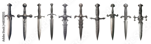 set of vintage daggers, knives, stilettos - fantasy daggers - isolated transparent PNG premium pen tool cutout photo