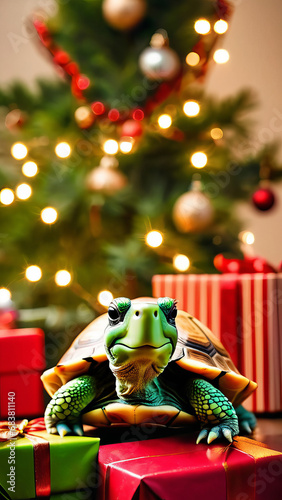 a portrait of a cute Christmas Turtle, soft light, Christmas background with giant presents and Christmas tree, cute animal, Xmas, funny, joy. Generative AI