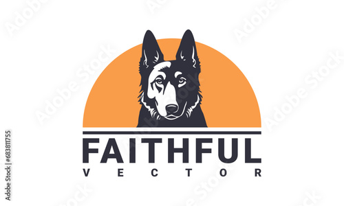 Vector graphic portrait of a black and white shepherd dog. Logo or emblem. Faithful puppy. Light isolated background.