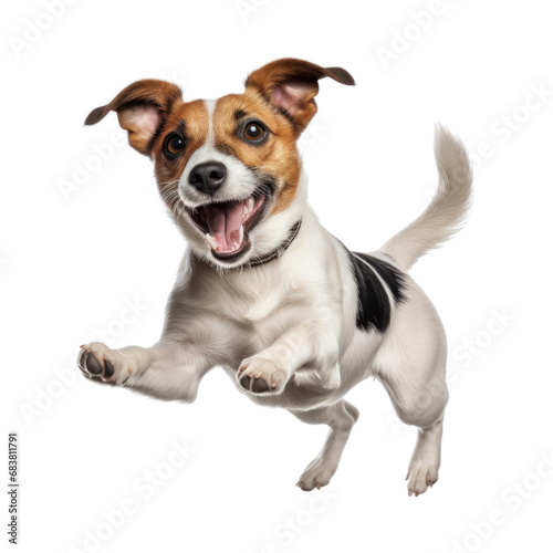White Jack Russell Terrier jumping. Isolated on transparent background. 