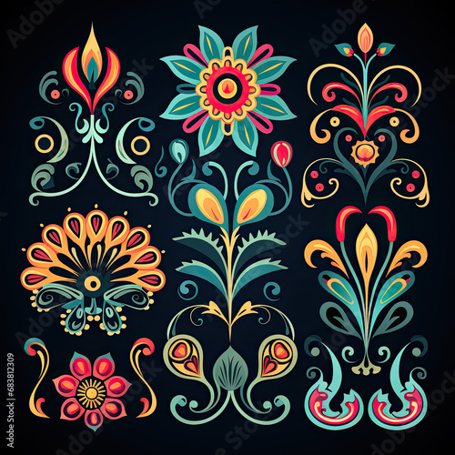 Vector set of indian paisley elements on black background. Vector set of ornate floral elements for design in Eastern style.