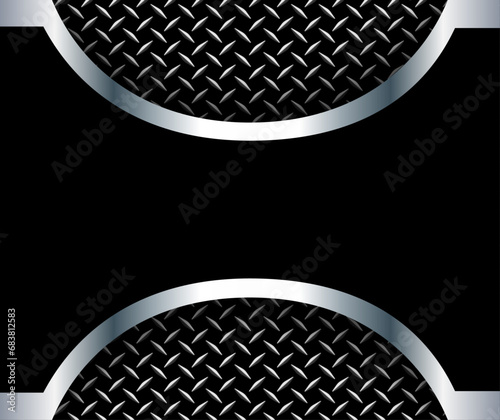 Silver black metallic background 3D with shiny button and diamond plate metal texture. © Cobalt