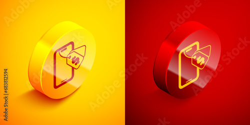 Isometric Online auction icon isolated on orange and red background. Bid sign. Auction bidding. Sale and buyers. Circle button. Vector