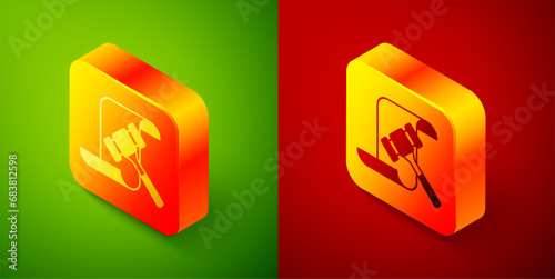 Isometric Auction hammer icon isolated on green and red background. Gavel - hammer of judge or auctioneer. Bidding process, deal done. Auction bidding. Square button. Vector