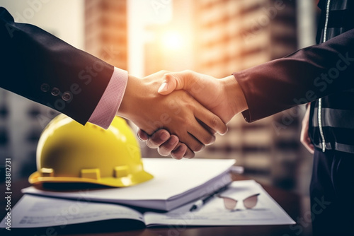 Shot of handshake between architect and engineer construction worker after meeting agreeing in corporate deal with safety helmet blueprint on background. Generative AI. photo