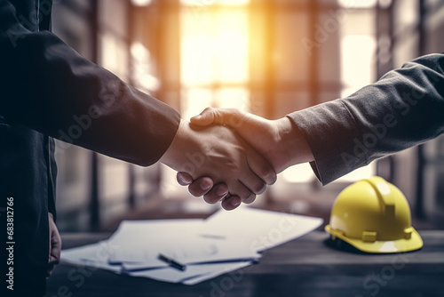 Shot of handshake between architect and engineer construction worker after meeting agreeing in corporate deal with safety helmet blueprint on background. Generative AI.