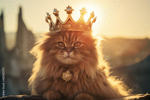 Fluffy ginger cat with a crown on his head