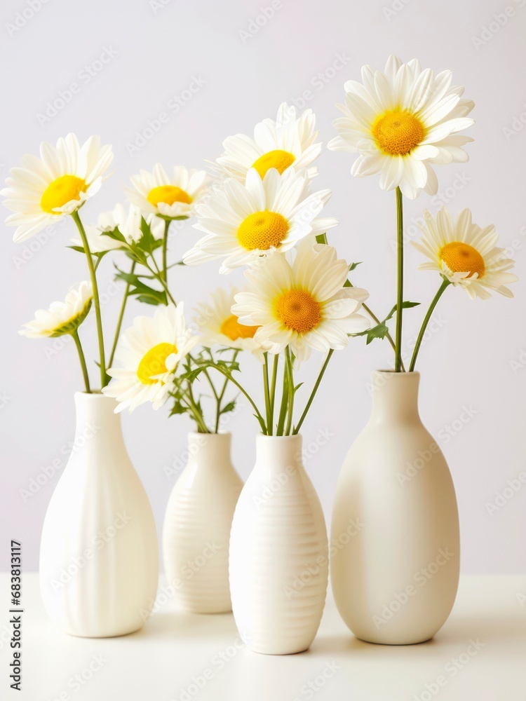 Vases with bouquets of daisies on white background.