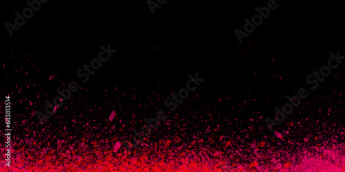 Particle is floating in the air, black background with red bokeh crimson red watercolor background texture. red powder explosion on dark background. Abstract red powder splatted background.