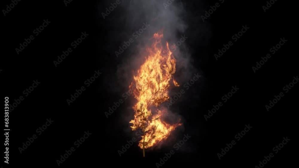 The fire is burning the branches on black background