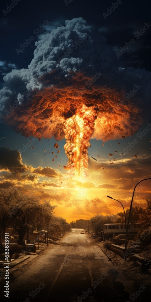Vertical shot of a nuclear bomb explosion. Nuclear war concept, nuclear mushroom. Generative AI