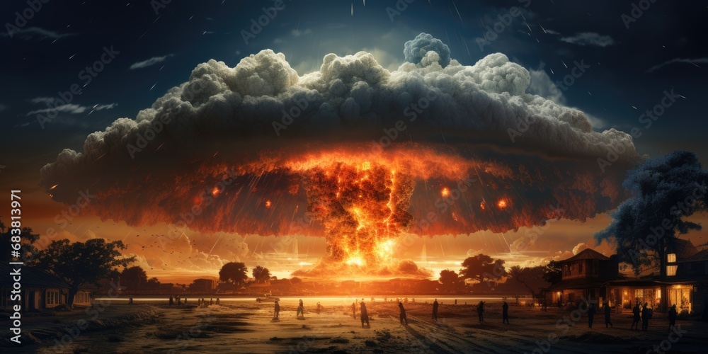 Explosion of an atomic bomb. Nuclear explosion in the sky, nuclear mushroom