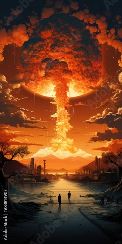 Vertical shot of a nuclear bomb explosion. Nuclear war concept, nuclear mushroom. Generative AI © 22_monkeyzzz