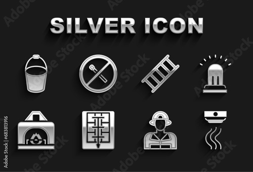 Set Evacuation plan, Ringing alarm bell, Smoke system, Firefighter, Interior fireplace, escape, bucket and No match icon. Vector