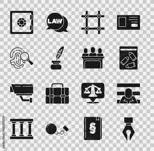 Set Fountain pen nib, Prisoner, Evidence bag and bullet, window, Feather inkwell, Fingerprint, Safe and Jurors icon. Vector