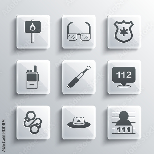Set Sheriff hat with badge, Suspect criminal, Telephone call 112, Telescopic baton, Handcuffs, Walkie talkie, Protest and Police icon. Vector