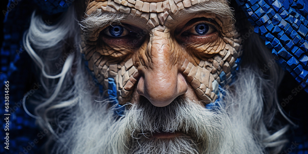 Intricate mosaic portrait of a wise elder, Mediterranean tiles, deep blue and white colors Intricate mosaic portrait of a wise elder, Mediterranean tiles, deep blue and white colors