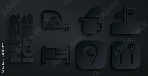 Set Location for camping, Road traffic sign, Bed, Fork and spoon, Cup of tea and Rv Camping trailer icon. Vector