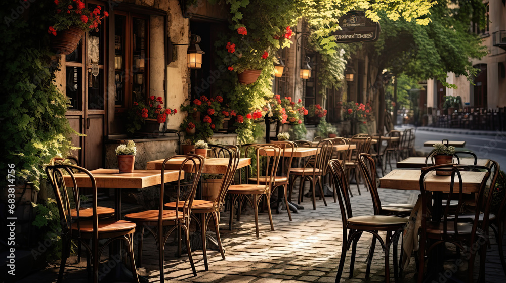 outdoor restaurant on sidewalk with wooden tables and chairs