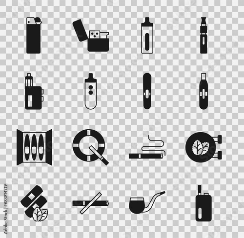 Set Electronic cigarette, Tobacco leaf shop, Vape mod device, Lighter and Cigar icon. Vector