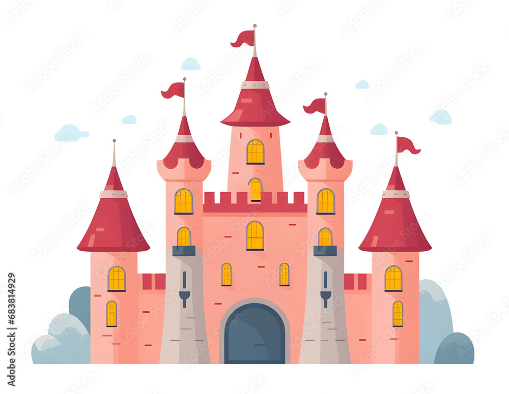 castle, European style, Disneyland, theme park, cartoon vector, dicut, PNG file, isolated background.