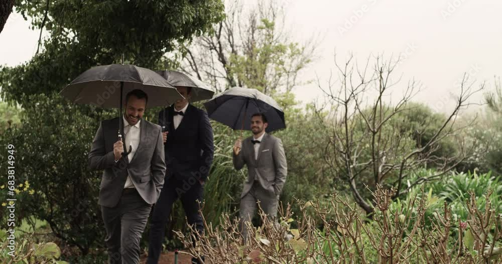 Outdoors, rain and groomsmen or umbrella, fashion and ready for wedding, security and insurance. People, smile and winter style for event, garden and protection from weather, friends and support Outdoors, rain and groomsmen or umbrella, fashion and ready for wedding, security and insurance. People, smile and winter style for event, garden and protection from weather, friends and support