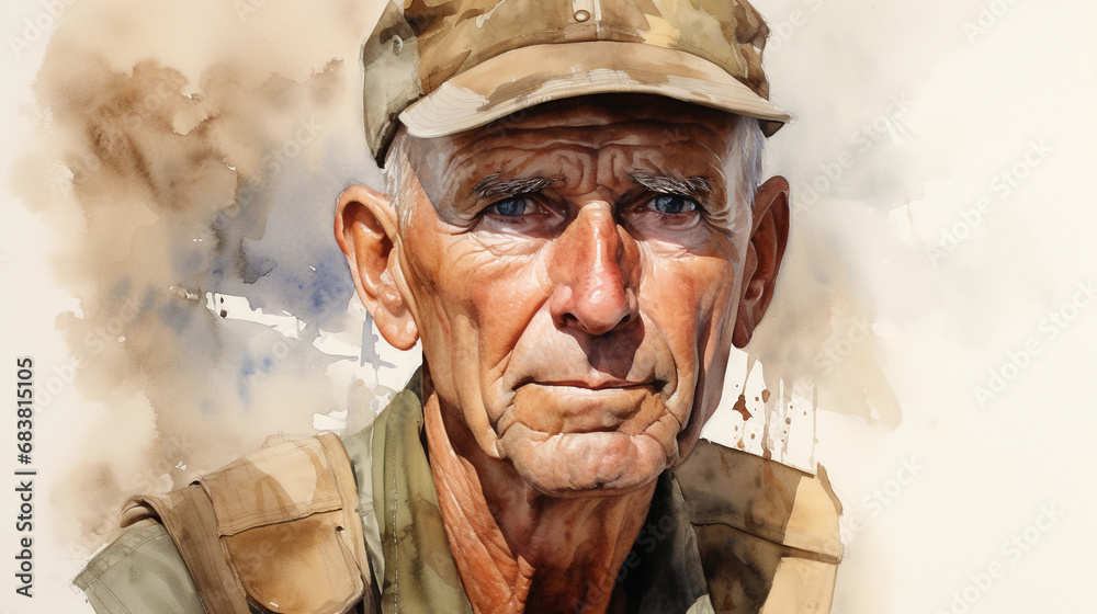Veteran's watercolor portrait, full of character, strong shadows and highlights, somber yet proud eyes, a palette of muted earthy colors - obrazy, fototapety, plakaty 