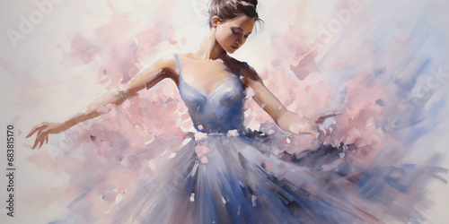Watercolor portrait of a ballerina, poised and graceful, soft pinks and blues dominating, movement suggested through fluid brushwork