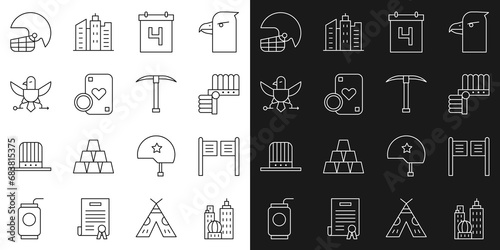 Set line City landscape, Saloon door, Indian headdress with feathers, Calendar date July 4, Casino chip playing cards, Eagle, American football helmet and Pickaxe icon. Vector