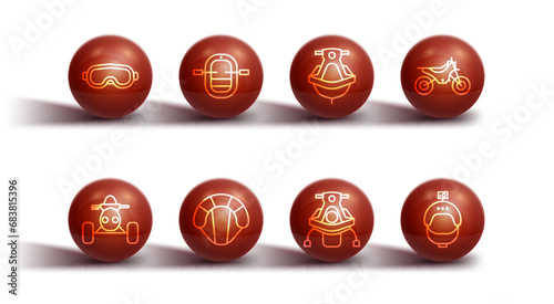 Set line Ski goggles, ATV motorcycle, Mountain bike, Snowmobile, Parachute, Rafting boat, Helmet and action camera and Jet ski icon. Vector