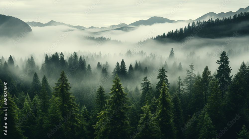 Paysage de forêt dans les montagnes. Nuage, brume, brouillard. Horizon, calme. Pour conception et création graphique.