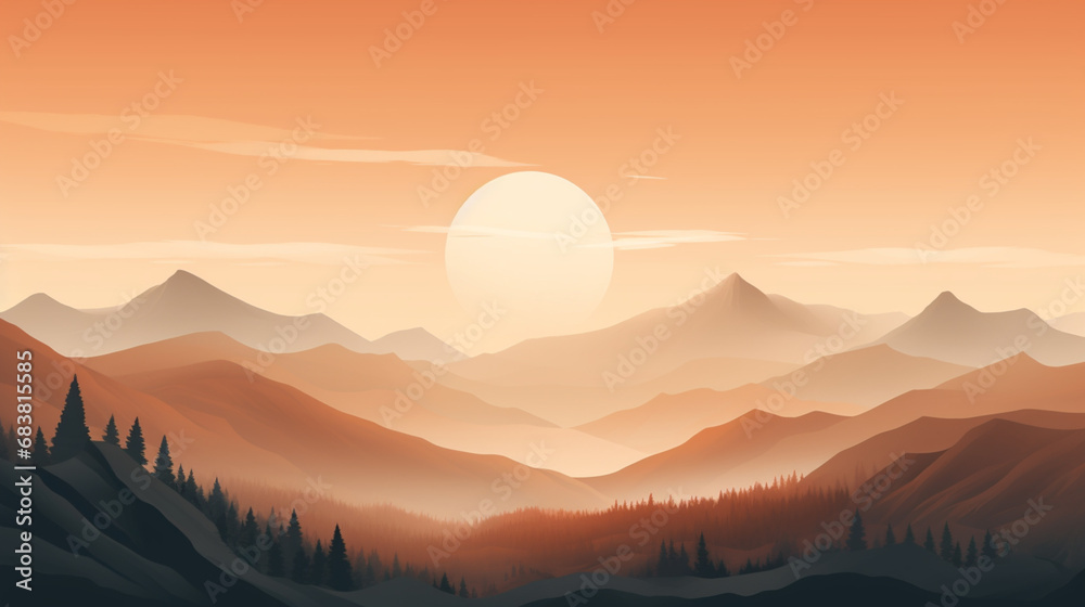 Illustration d'un coucher ou lever de soleil sur des collines, dunes, montagnes. Forêt, nature, météo. Pour conception et création graphique