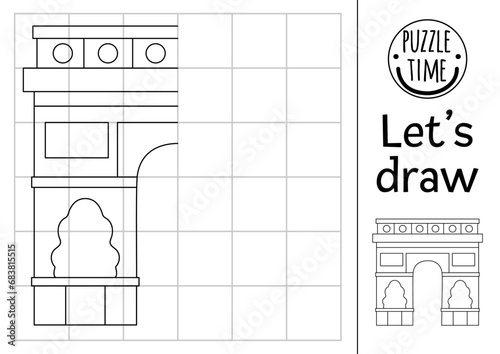 Complete Triumphal arch. Vector France themed symmetrical drawing practice worksheet. Printable black and white activity for kids. Copy the picture French coloring page with Paris landmark.