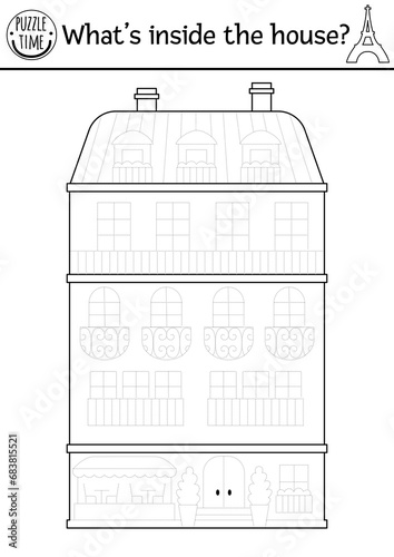 Trace the house. Vector France themed drawing practice worksheet. Printable black and white activity for kids. French coloring page with traditional Paris building.